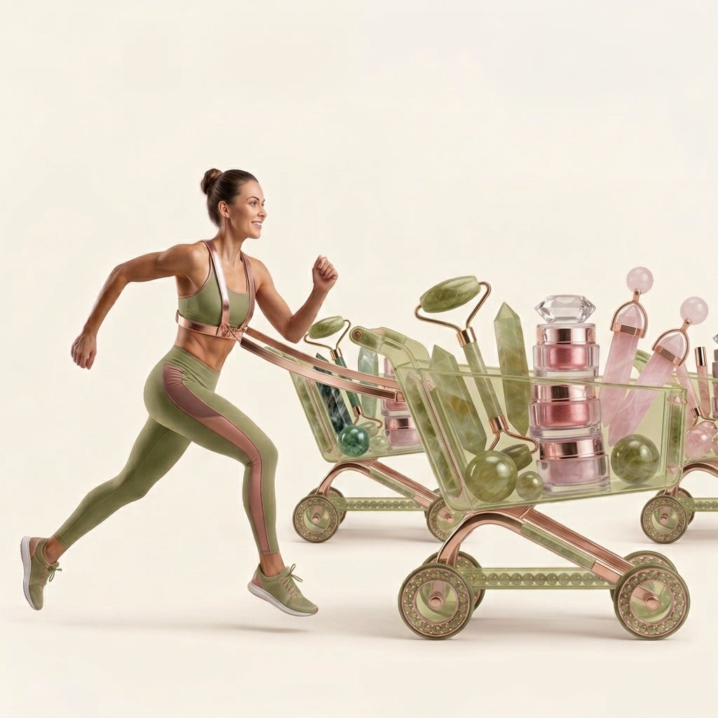 Illustration of a shopper picking beauty and wellness products into a cart