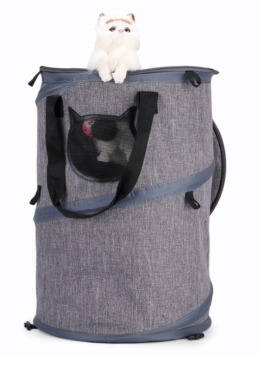 Pop-up cat tunnel carrier with a cat inside