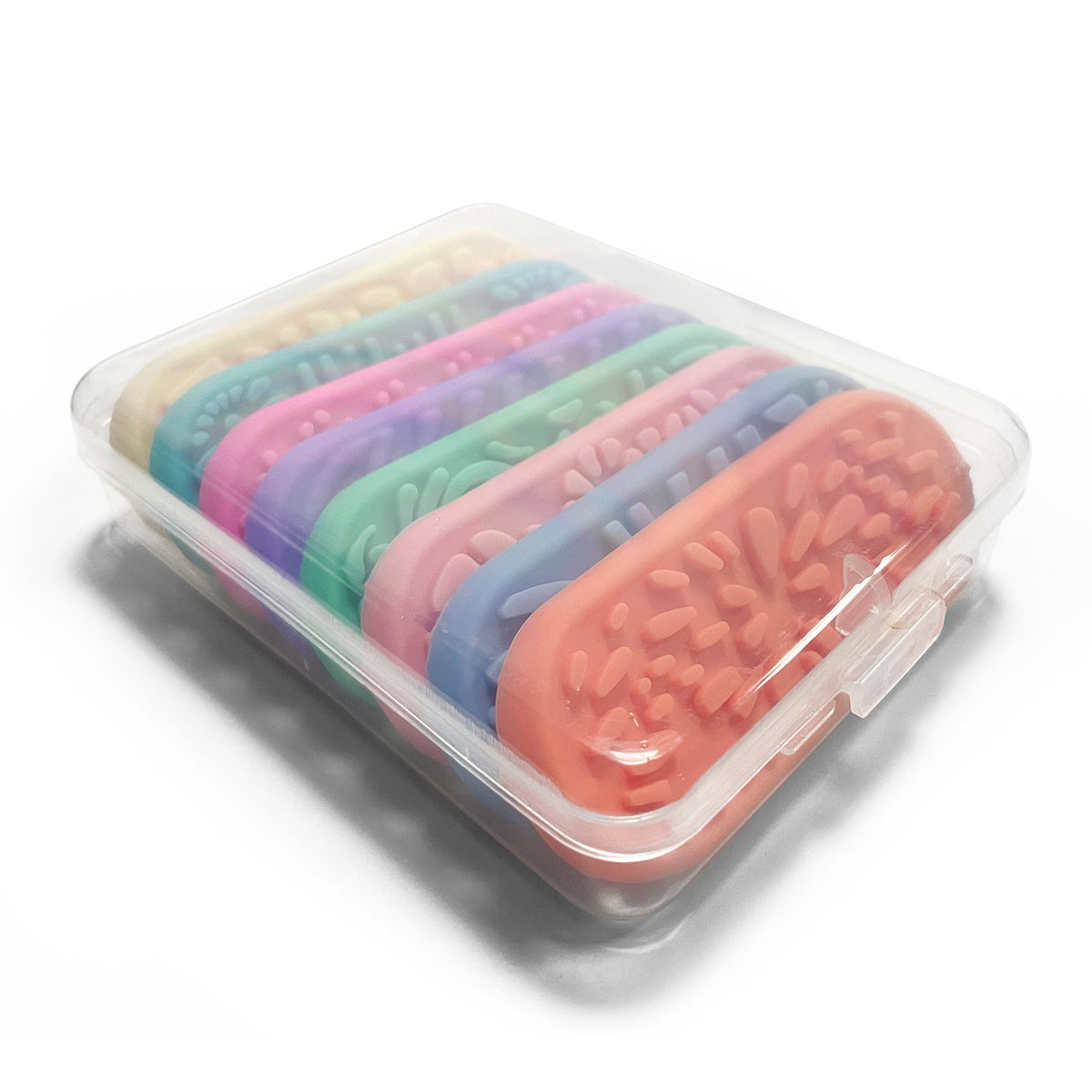 Textured silicone sensory stones, pastel (macaron) colours, in a clear box
