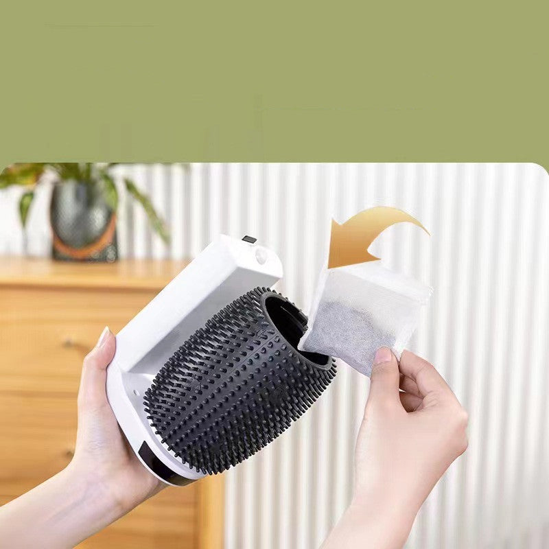 Wall-corner cat self-groomer USB charging port