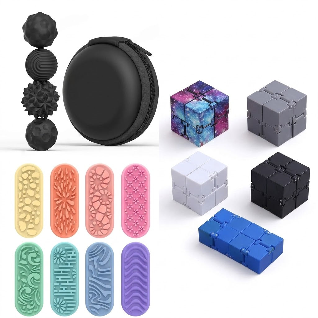 Calm Kit fidget set — magnetic sensory balls with case, textured sensory stones in 8 colours, and infinity cubes in galaxy, grey, white, black and blue