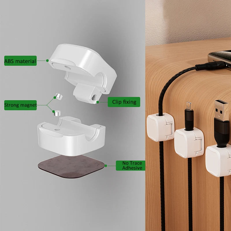 Magnetic cable clips mounted on a wall