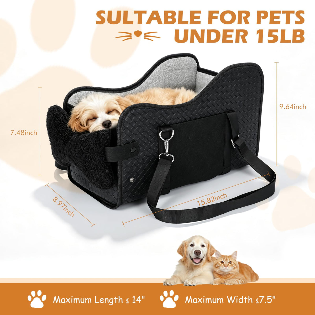 Small dog sitting in a black center-console car booster seat