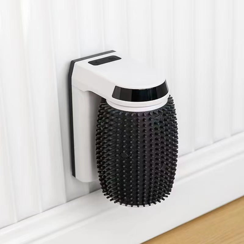 Wall-corner cat self-groomer bristle close-up