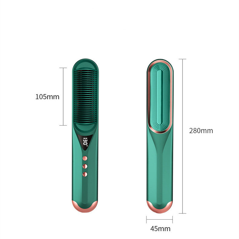 Self-heating anion straightening comb in use styling hair