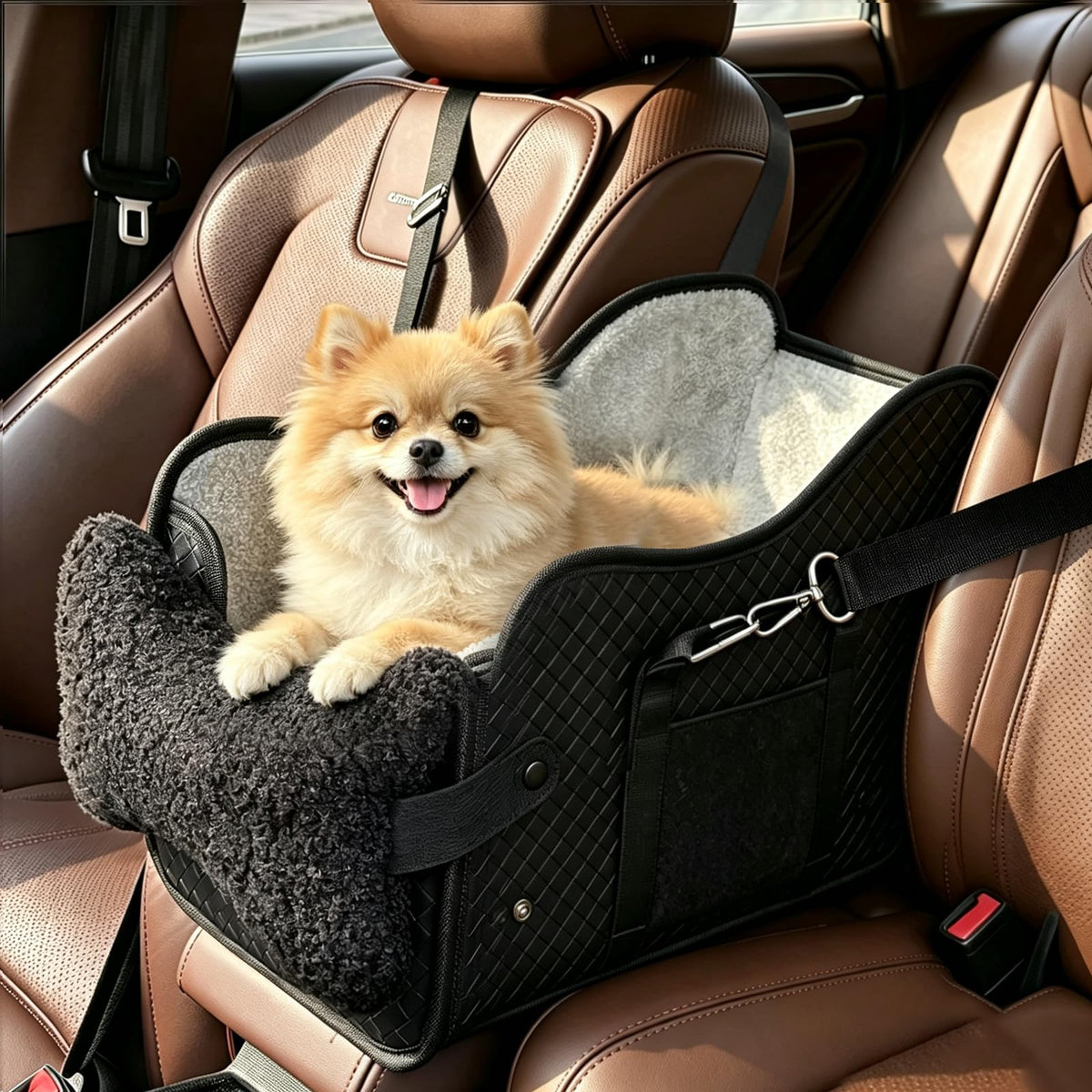 Small dog looking out the car window from the raised booster seat